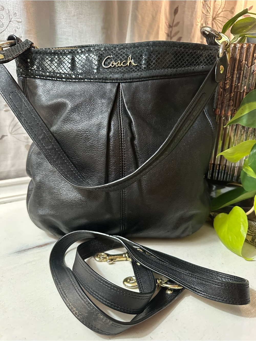 Coach Ashley Hippie Black Leather Crossbody Snake-Texture Trim